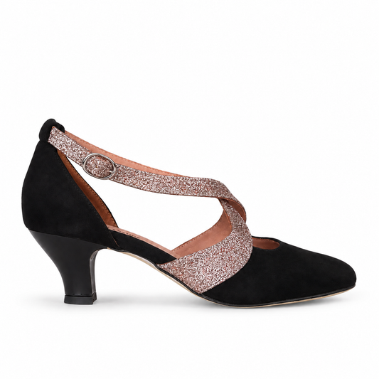 SCARPA DA BALLO ART. 100 NERA CAMOSCIO/GLITTER su sfondo bianco